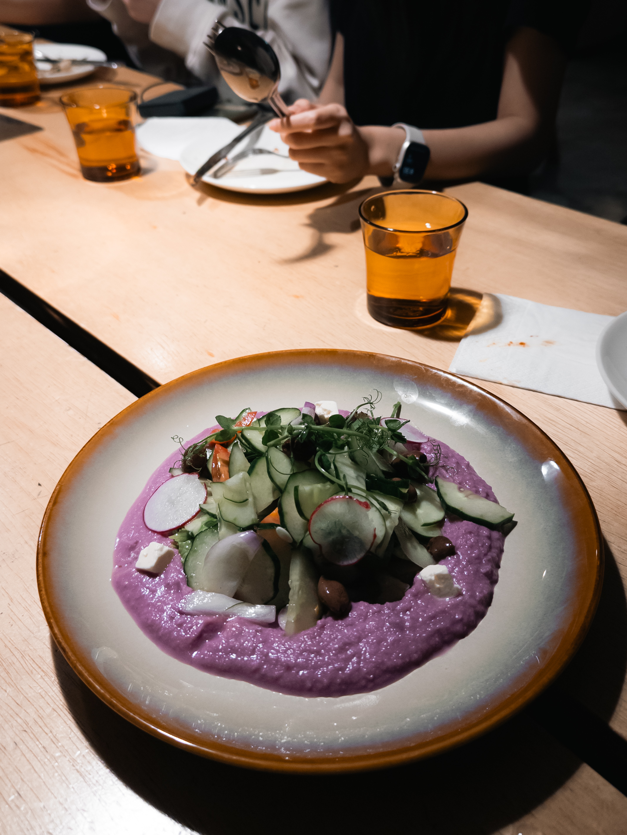 Proof Greek Salad and purple potato mousse presentation